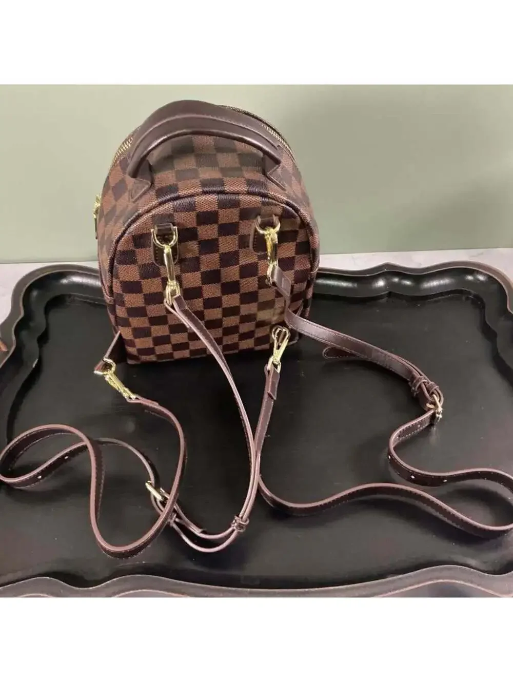 Brown/black checkered mini backpack ￼w/matching coin pouch￼